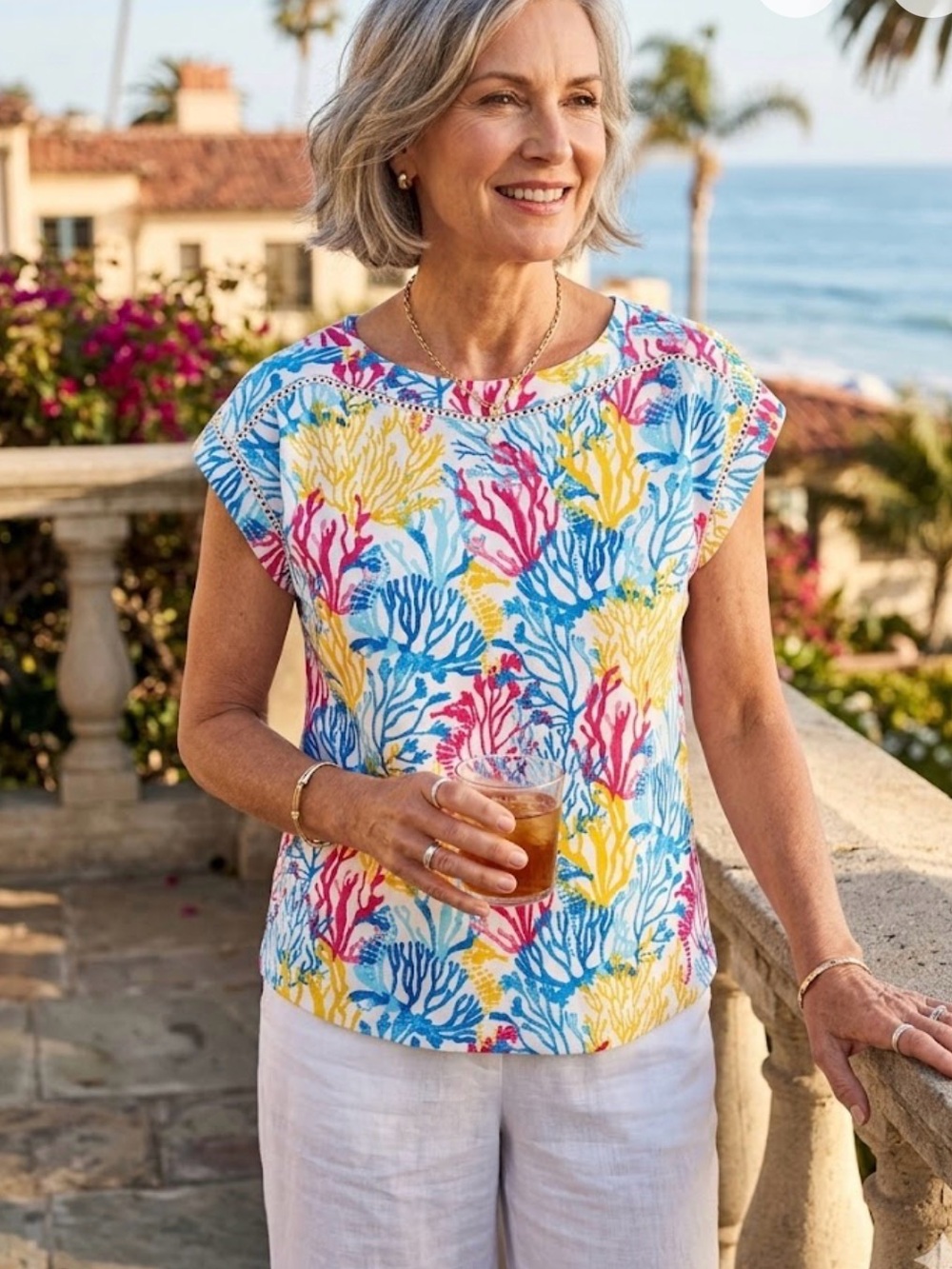 Kim Rogers Short Sleeve Coral Reef Print Tee in Blue, Pink & Yellow